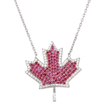 Load image into Gallery viewer, Sterling Silver Rhodium Plated Maple Leaf Pendant Necklace With Pink CZ