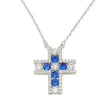 Load image into Gallery viewer, Sterling Silver 925 Rhodium Plated Cross Pendant Necklace with Clear and Blue Necklace