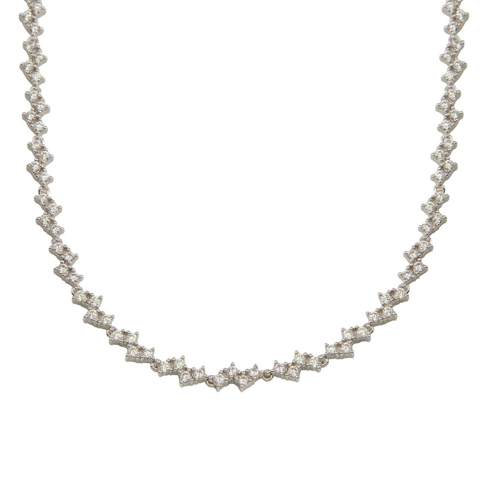 Sterling Silver Rhodium Plated Zig Zag CZ Tennis Necklace