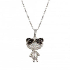 Sterling Silver Rhodium Plated Panda With CZ Pendant Necklace