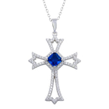 Load image into Gallery viewer, Sterling Silver Rhodium Plated Blue CZ Center Open CZ Cross Necklace