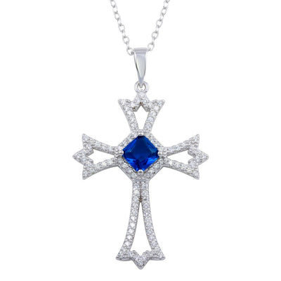 Sterling Silver Rhodium Plated Blue CZ Center Open CZ Cross Necklace