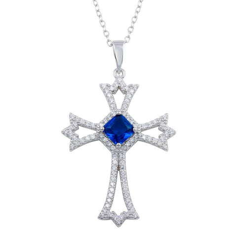Sterling Silver Rhodium Plated Blue CZ Center Open CZ Cross Necklace