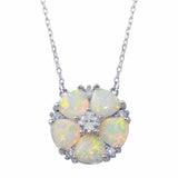 Sterling Silver Rhodium Plated Opal and CZ Round Flower Necklace