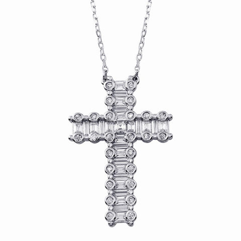 Sterling Silver Rhodium Plated CZ Cross Necklace