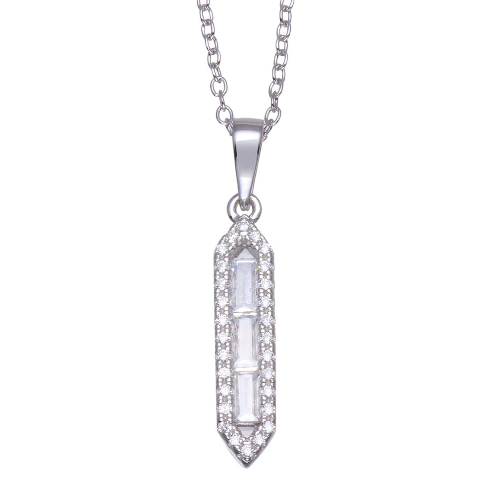 Sterling Silver Rhodium Plated Baguette Vertical Bar CZ Necklace