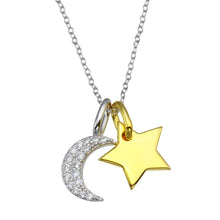 Load image into Gallery viewer, Sterling Silver Rhodium Plated Two Toned Star and Crescent Moon CZ Necklace