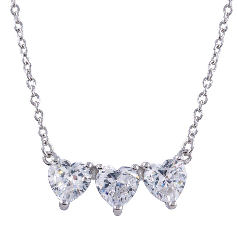 Sterling Silver Rhodium Plated 3 CZ Hearts Necklace