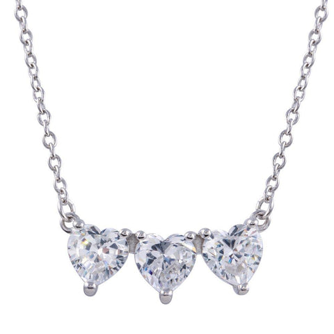 Sterling Silver Rhodium Plated 3 CZ Hearts Necklace