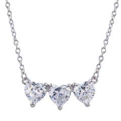 Sterling Silver Rhodium Plated 3 CZ Hearts Necklace