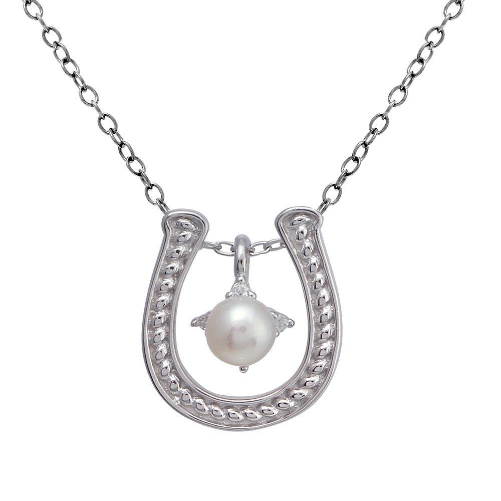 Sterling Silver Clear CZ Rhodium Plated Horse Shoe Pearl Center Necklace
