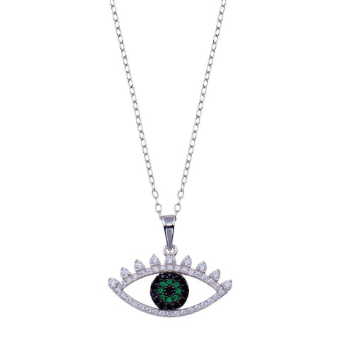 Sterling Silver Rhodium Plated Clear Green CZ Evil Eye Necklace