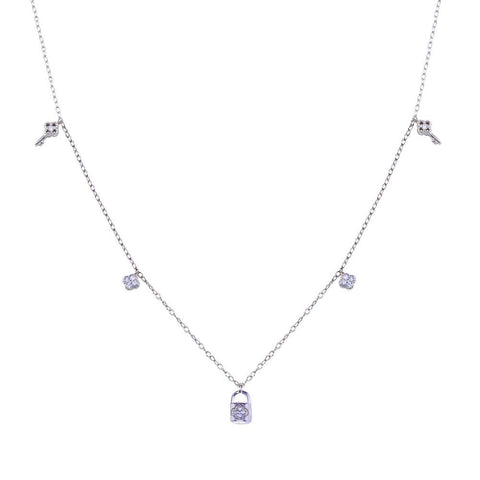 Sterling Silver Rhodium Plated Clear CZ Lock and Key Necklace