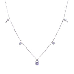 Sterling Silver Rhodium Plated Clear CZ Lock and Key Necklace