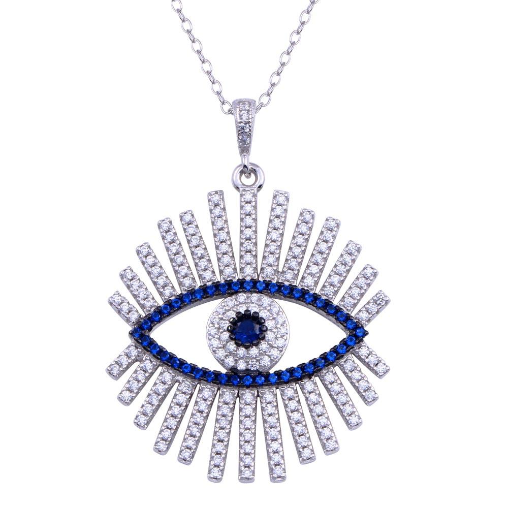 Sterling Silver Rhodium Plated Clear Blue CZ Evil Eye Necklace