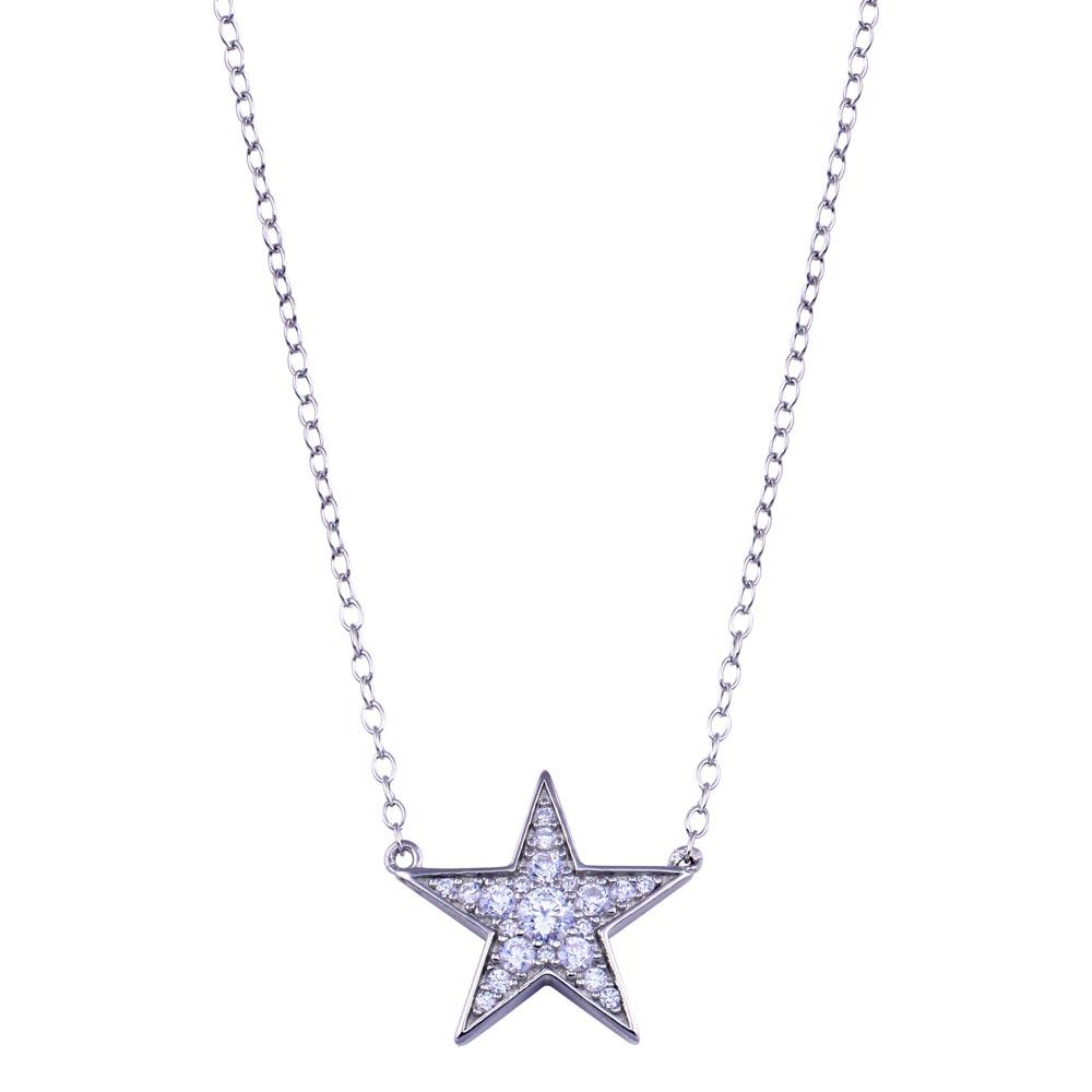 Sterling Silver Rhodium Plated Clear CZ Star Necklace