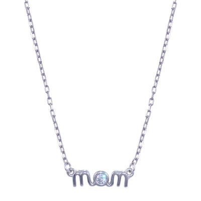 Sterling Silver Rhodium Plated Mom Clear CZ Necklace
