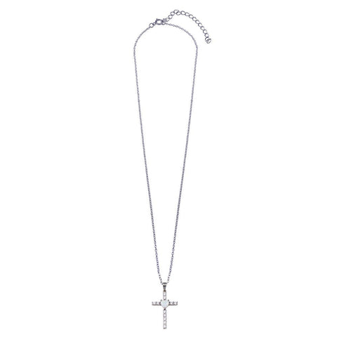Sterling Silver Rhodium Plated Cross Heart Opal Clear CZ Necklace