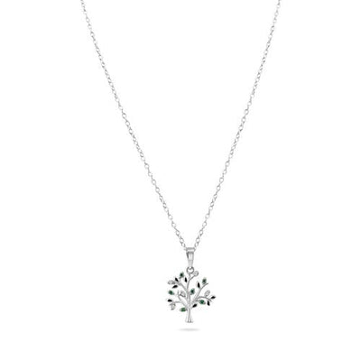 Sterling Silver Rhodium Plated Green and Clear Tree Pendant Necklace
