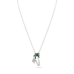 Sterling Silver Rhodium Plated Green and Clear Two Palm Tree Pendant Necklace