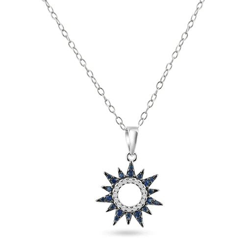 Sterling Silver Rhodium Plated Sun Blue and Clear CZ Pendant Necklace