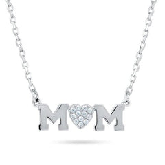 Sterling Silver Rhodium Plated Mom Heart CZ Necklace
