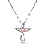 Sterling Silver Rhodium Plated CZ Rose Gold Plated Heart Angel Necklace Chain Length-16+2, Pendant Dimensions-13.3mmx14.2mm
