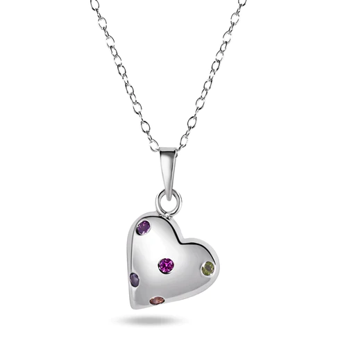 Sterling Silver Rhodium Plated Multi Color CZ Heart Necklace Dimensions-12mmx14mm, Chain Length-16+2