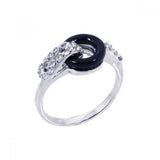 Sterling Silver Fancy Black Onyx Belt Design Inlaid with Clear Czs Ring