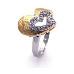 Sterling Silver Two-Toned Open Heart Design Inlaid with Clear Czs Ring