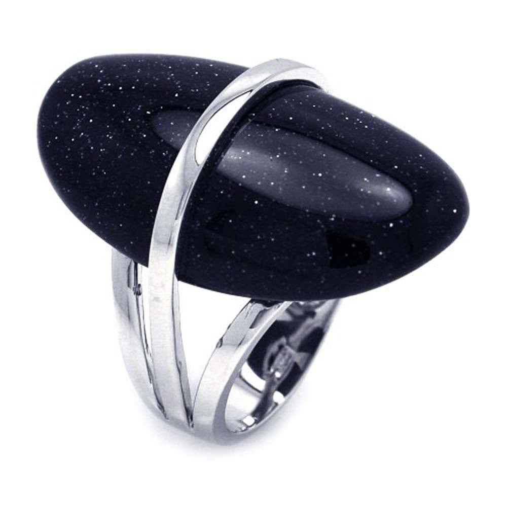 Sterling Silver Fancy Band Ring Set with Oval Synthetic Black Quartz Stone