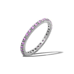 Sterling Silver Rhodium Plated Birthstone Inlay February Month Eternity Ring With Pink CZ StonesAnd Width 2mm