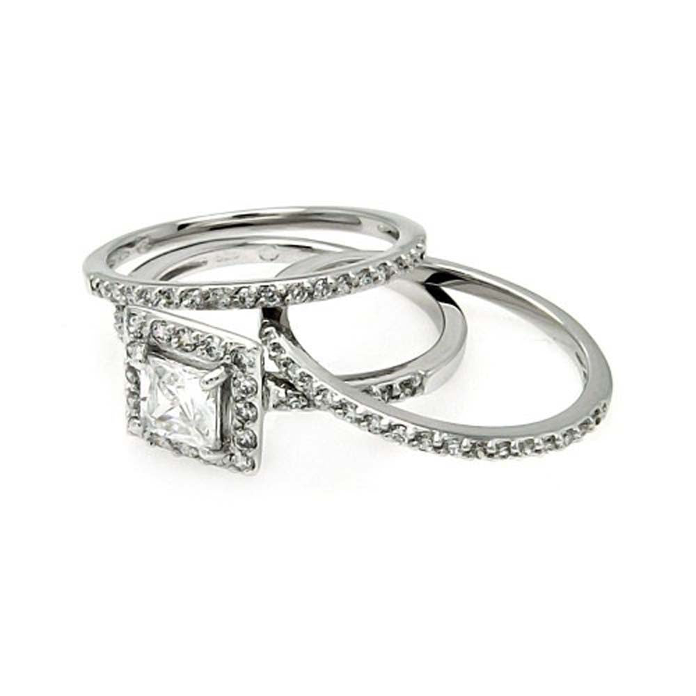 Sterling Silver Rhodium Plated Square Clear CZ Stackable Bridal Ring Set