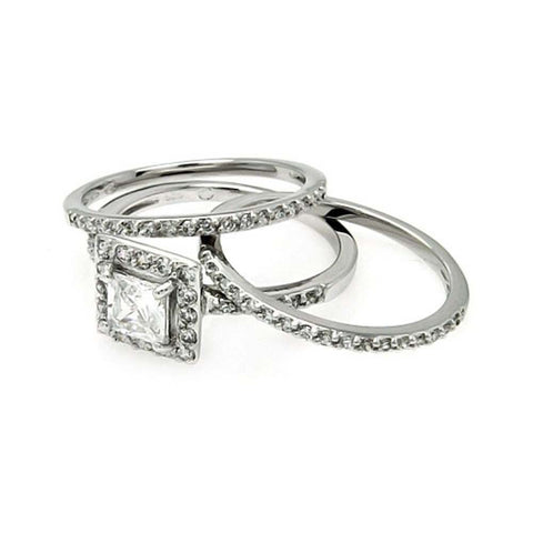 Sterling Silver Rhodium Plated Square Clear CZ Stackable Bridal Ring Set