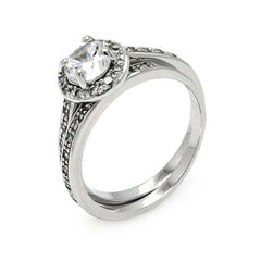 Sterling Silver 2 Pieces Engagement Ring with Centered Solitaire Round Cut Clear Cz with Paved Halo Setting