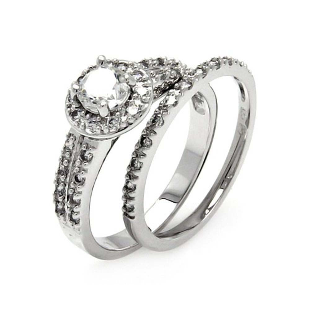 Sterling Silver 2 Pieces Paved Engagement Ring with Centered Solitaire Round Cut Clear Cz with Paved Halo SettingAnd Stone Size: 5MM