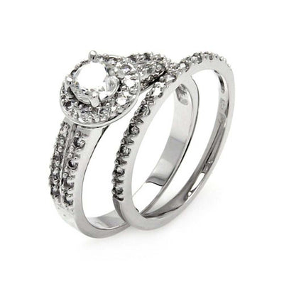 Sterling Silver 2 Pieces Paved Engagement Ring with Centered Solitaire Round Cut Clear Cz with Paved Halo SettingAnd Stone Size: 5MM