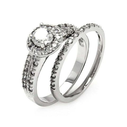 Sterling Silver 2 Pieces Paved Engagement Ring with Centered Solitaire Round Cut Clear Cz with Paved Halo SettingAnd Stone Size: 5MM