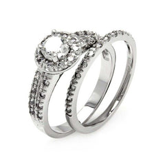 Sterling Silver 2 Pieces Paved Engagement Ring with Centered Solitaire Round Cut Clear Cz with Paved Halo SettingAnd Stone Size: 5MM