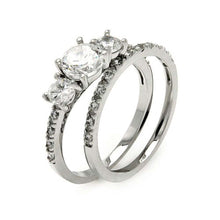 Load image into Gallery viewer, Sterling Silver Elegant 2 Pieces Engagement Ring Inlaid with Clear Czs and Centered Three Solitaire Round Cut Clear Czs