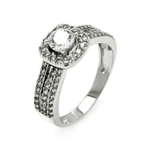 Load image into Gallery viewer, Sterling Silver Elegant Three Row Design Inlaid with Clear Czs and Centered Solitaire Round Cut Clear Cz with Paved Halo Setting Ring