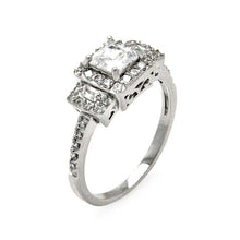 Load image into Gallery viewer, Sterling Silver Filigree Design Bridal Ring with Centered Solitaire Princess Cut Clear Cz and Baguette Cz on Both Sides with Paved Halo SettingAnd Ring Width of 8MM
