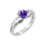 Sterling Silver Rhodium Plated Purple Heart CZ Claddagh Ring