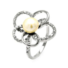 Load image into Gallery viewer, Sterling Silver Fancy Open Flower Design Inlaid with Clear Czs with Centered Pearl RingAnd Ring Dimensions of 22MMx10MM