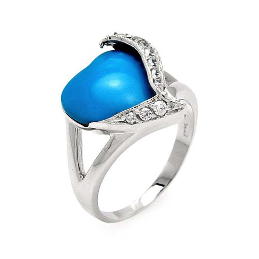 Sterling Silver Fancy Heart Cut Turquoise Stone Inlaid with Clear Czs Split Shank RingAnd Ring Dimensions of 16MMx7MMAnd Ring Width: 15MM