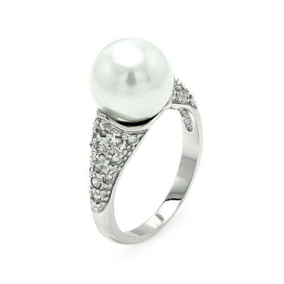 Sterling Silver Paved Band Ring with Centered White Pearl, Ring Dimensions of 19MMx11MMAnd Pearl Size: 10MM