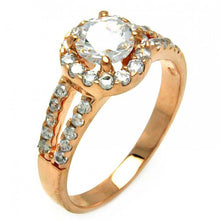 Load image into Gallery viewer, Sterling Silver Rose Gold Plated Classy Solitaire Round Cut Clear Cz with Paved Halo Setting Split Band RingAnd Ring Dimensions of 10MMx6MM