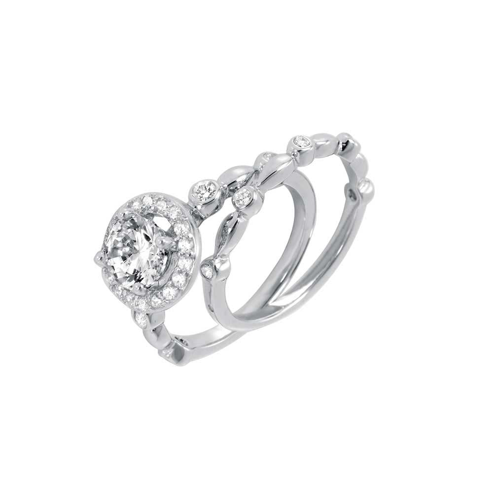 Sterling Silver Rhodium Plated Clear Round Cluster and Center CZ Bridal Ring Set