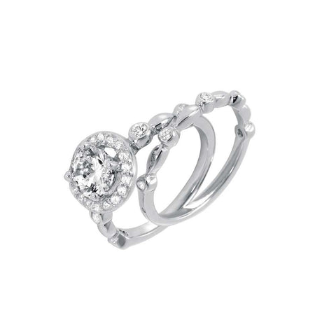 Sterling Silver Rhodium Plated Clear Round Cluster and Center CZ Bridal Ring Set