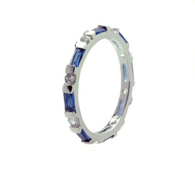 Sterling Silver Rhodium Plated Round Shaped Stackable Eternity Ring With Blue And Clear CZ StonesAnd Width 2mmAnd Thickness 4mmx2mmAnd Dimensions 2mm